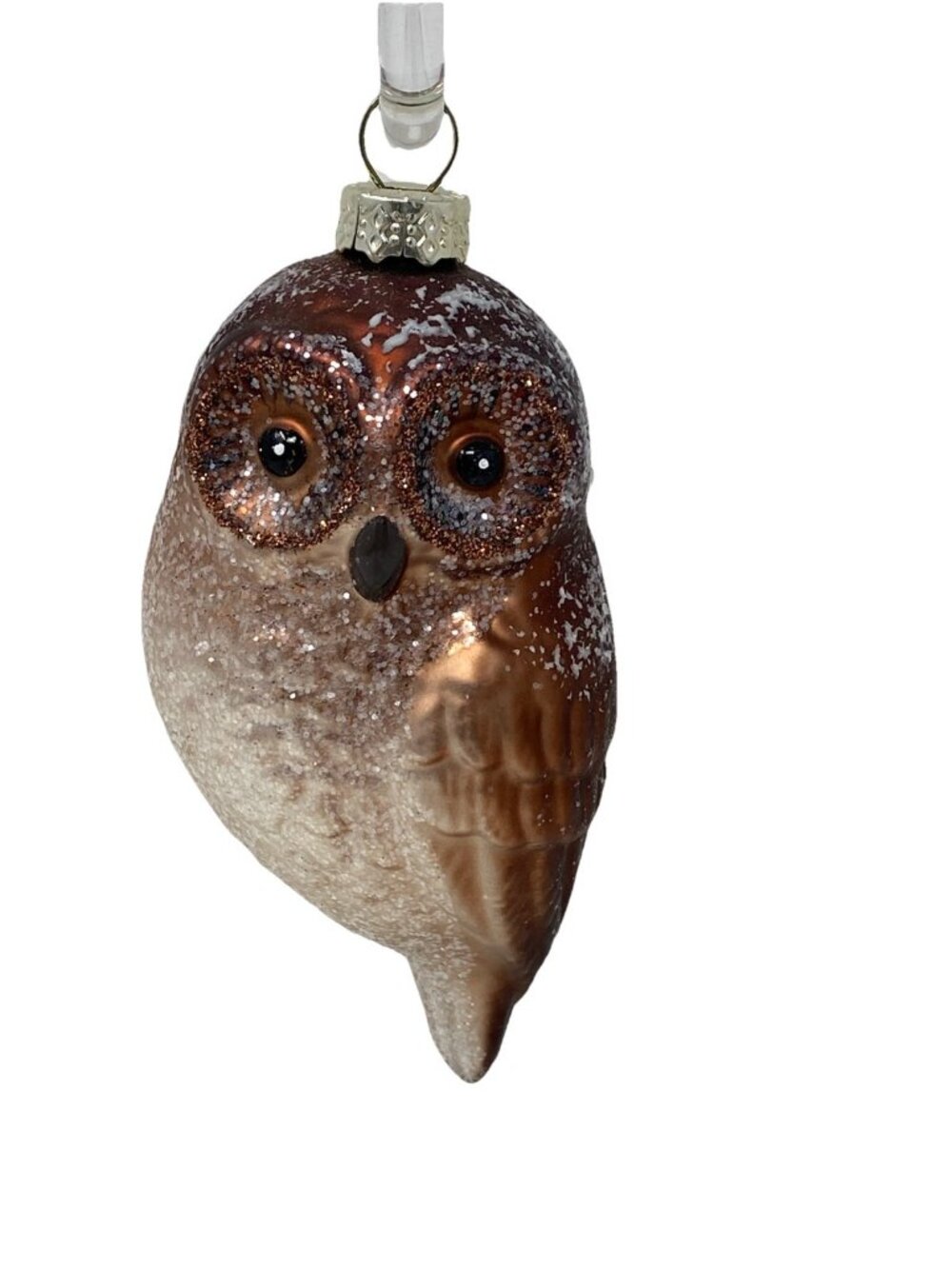 Glass Owl Christmas Ornament Brown And Silver Glittering 4.5” Shatter Resistant
